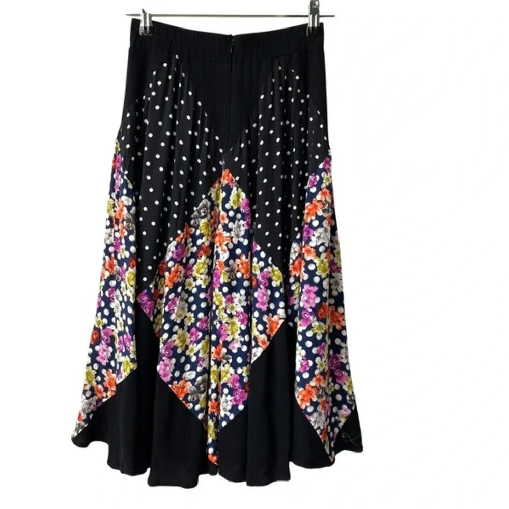 Anthropologie Maeve Patchwork Midi Skirt Women XS Black Floral Polka Dot Dreamer - Picture 2 of 7
